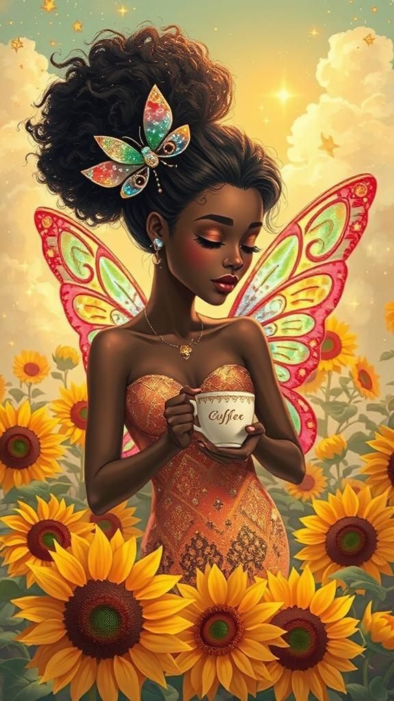 Anime Fairy with Coffee in Sunflower Garden