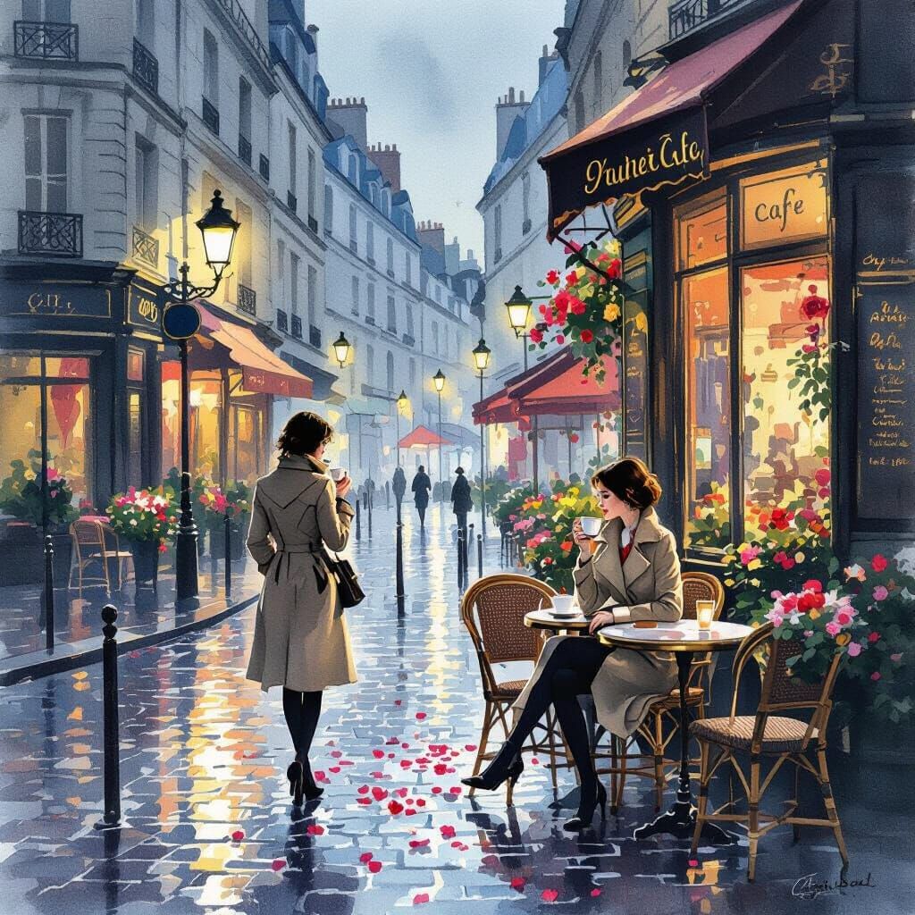 Parisian Cafe at Dawn: Woman Sips Coffee in Watercolor Style