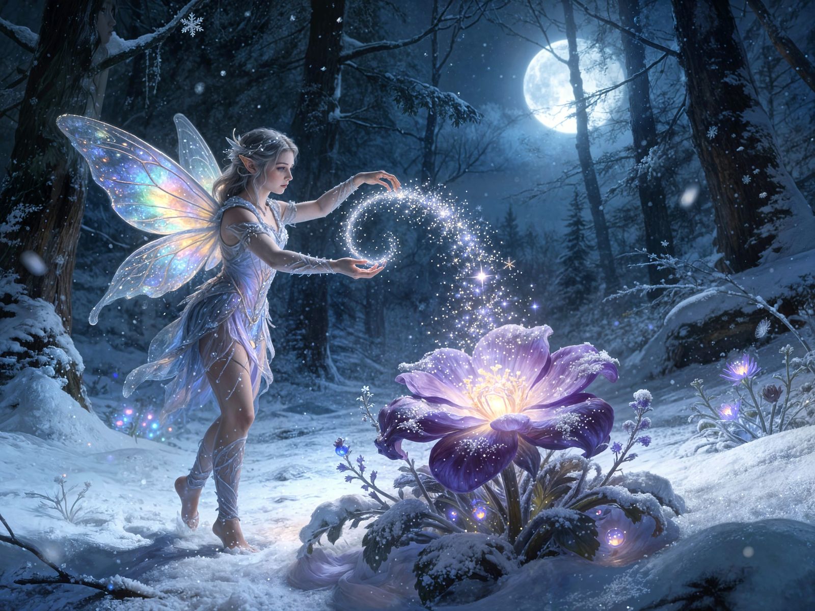 Magical Winter Fairy Growing Flowers in Enchanted Woods