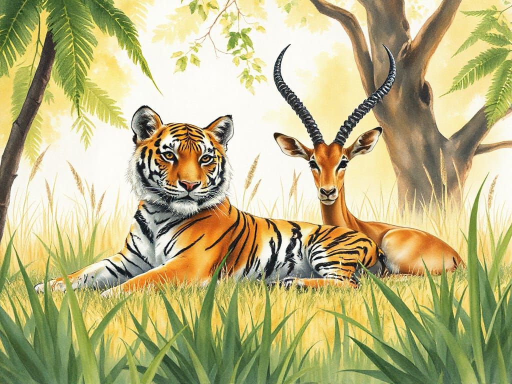 Tiger Cub and Gazelle in Dappled Jungle Sunlight, Watercolou...