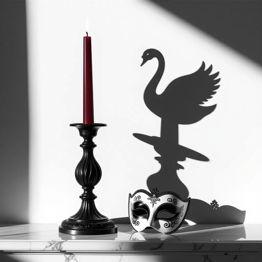 Candlestick, Mask, and Swan Shadow on White Wall