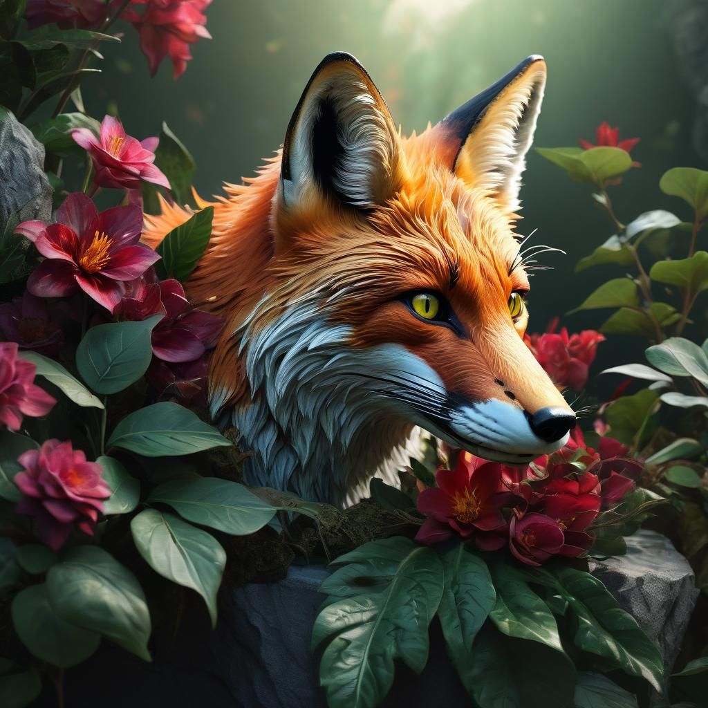 Fox and Cubs with Flowers, Ukiyo-e Style Illustration