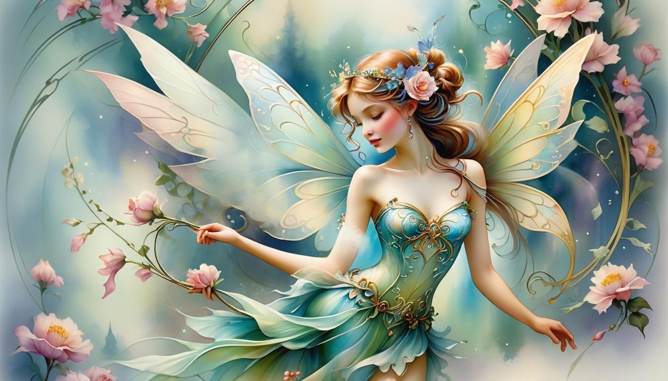 Art Nouveau Fairy in Watercolor Style