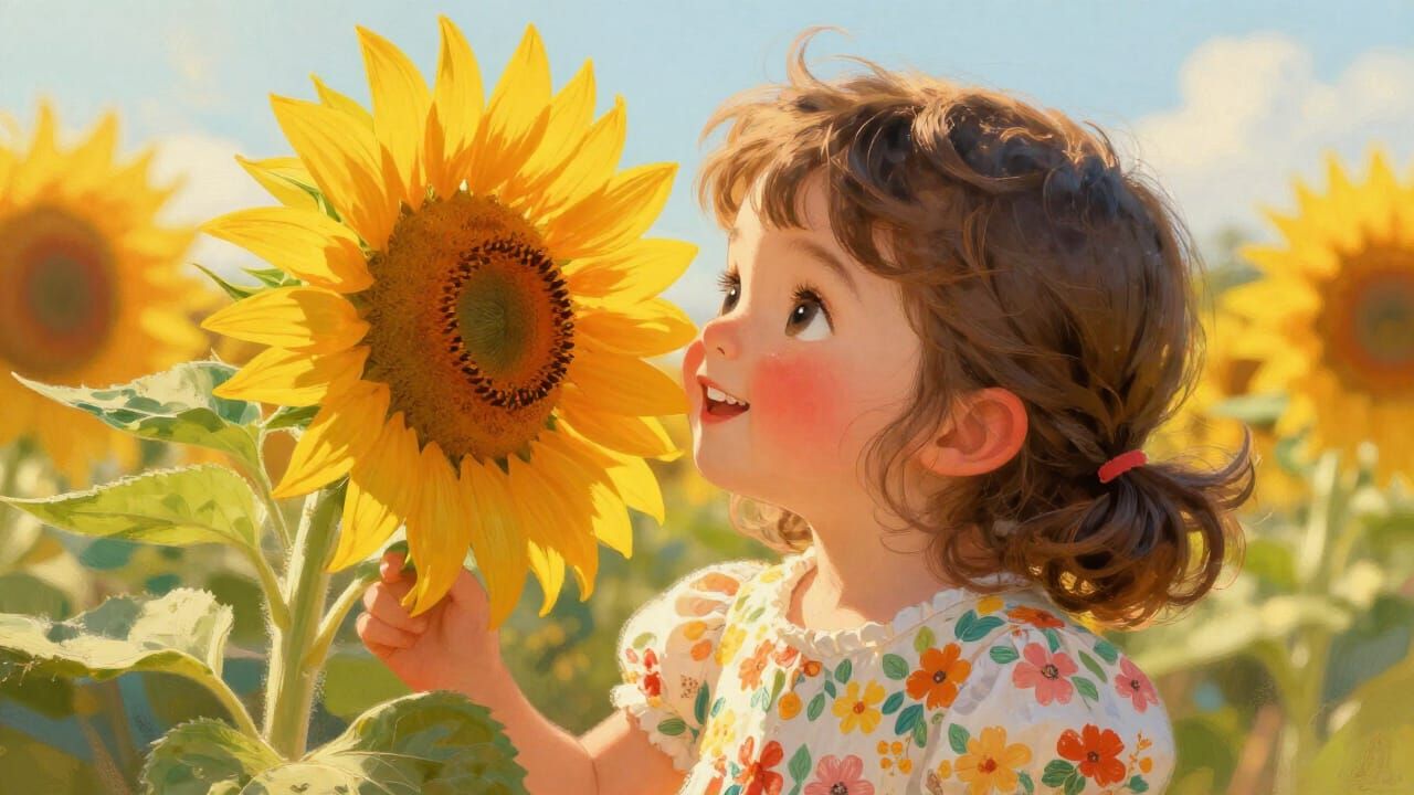 Joyful Girl Smelling Sunflower in Golden Hour Light
