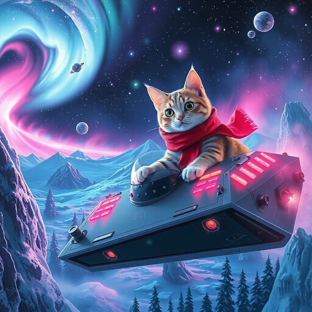 Bioluminescent Cat Pilots Spaceship Through Cosmic Winter