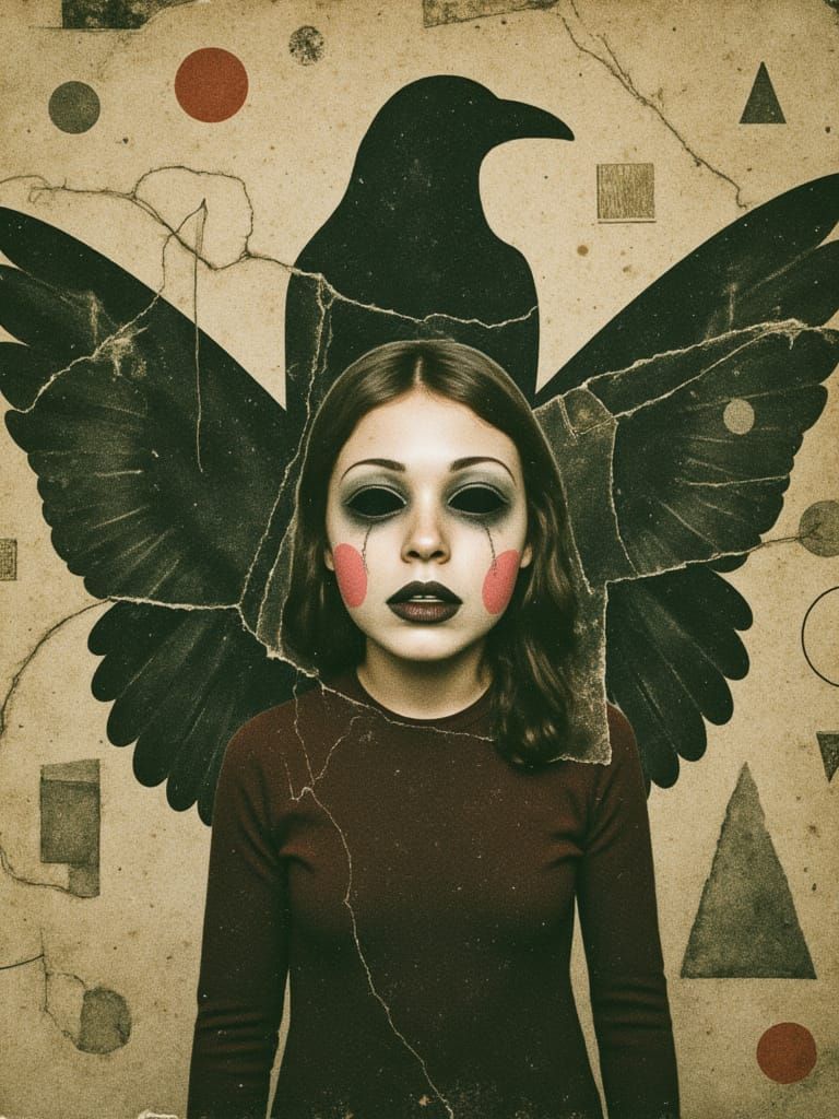 Steampunk Angel Head with Gothic Wings in Surreal Collage