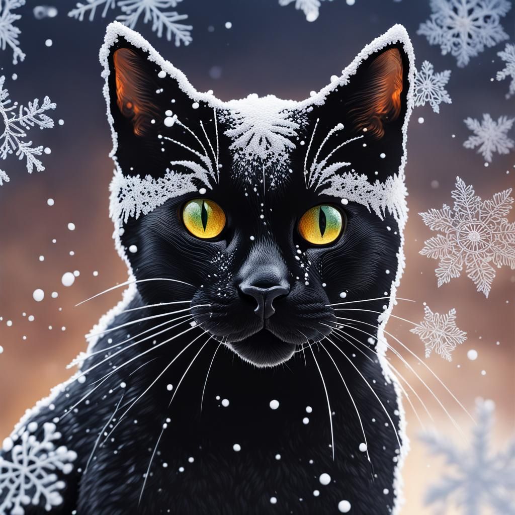 Lace Black Cat in Snow, Hyperrealistic Concept Art