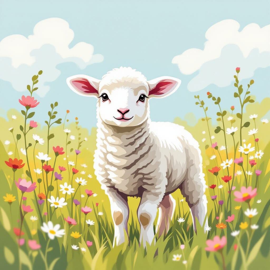 Dreamy Watercolor Lamb in Wildflower Field