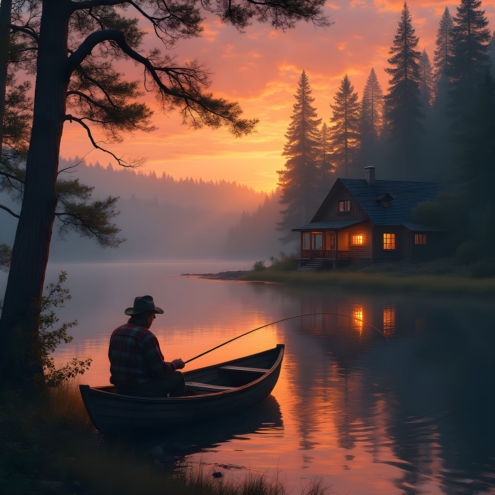 Crimson Sunset Over Wooded Lake Cabin