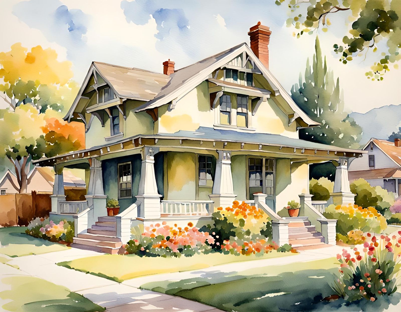 Watercolor Bungalow with Summer Garden Landscape