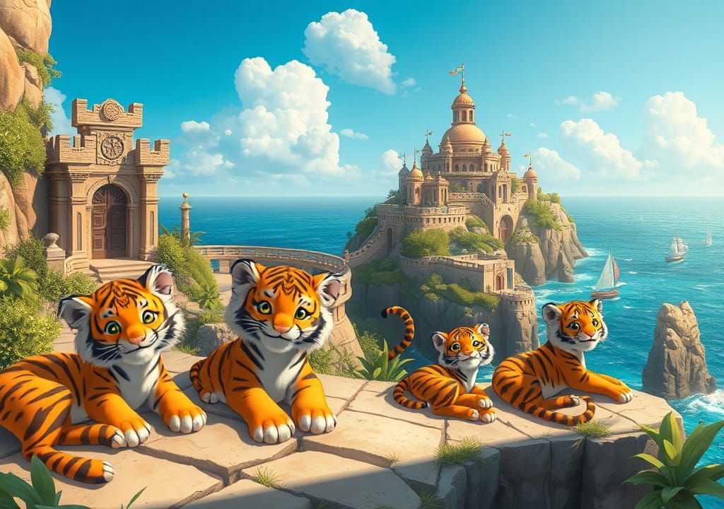 Tiger Cubs in Ocean Fortress, Dreamy Fantasy Art