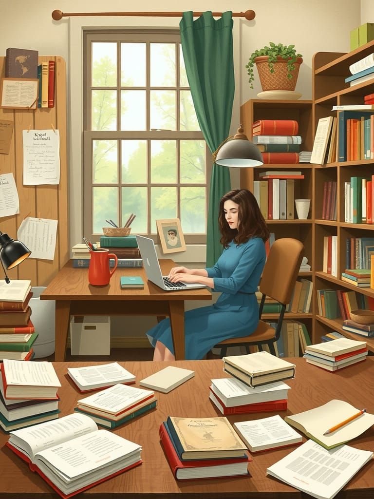 Woman in Cozy Office, Whimsical Illustration