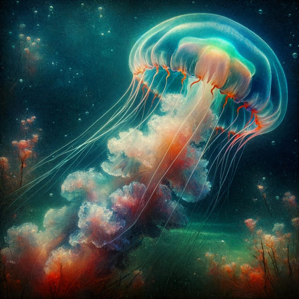 Romantic Era Oil Painting of a Translucent Jellyfish