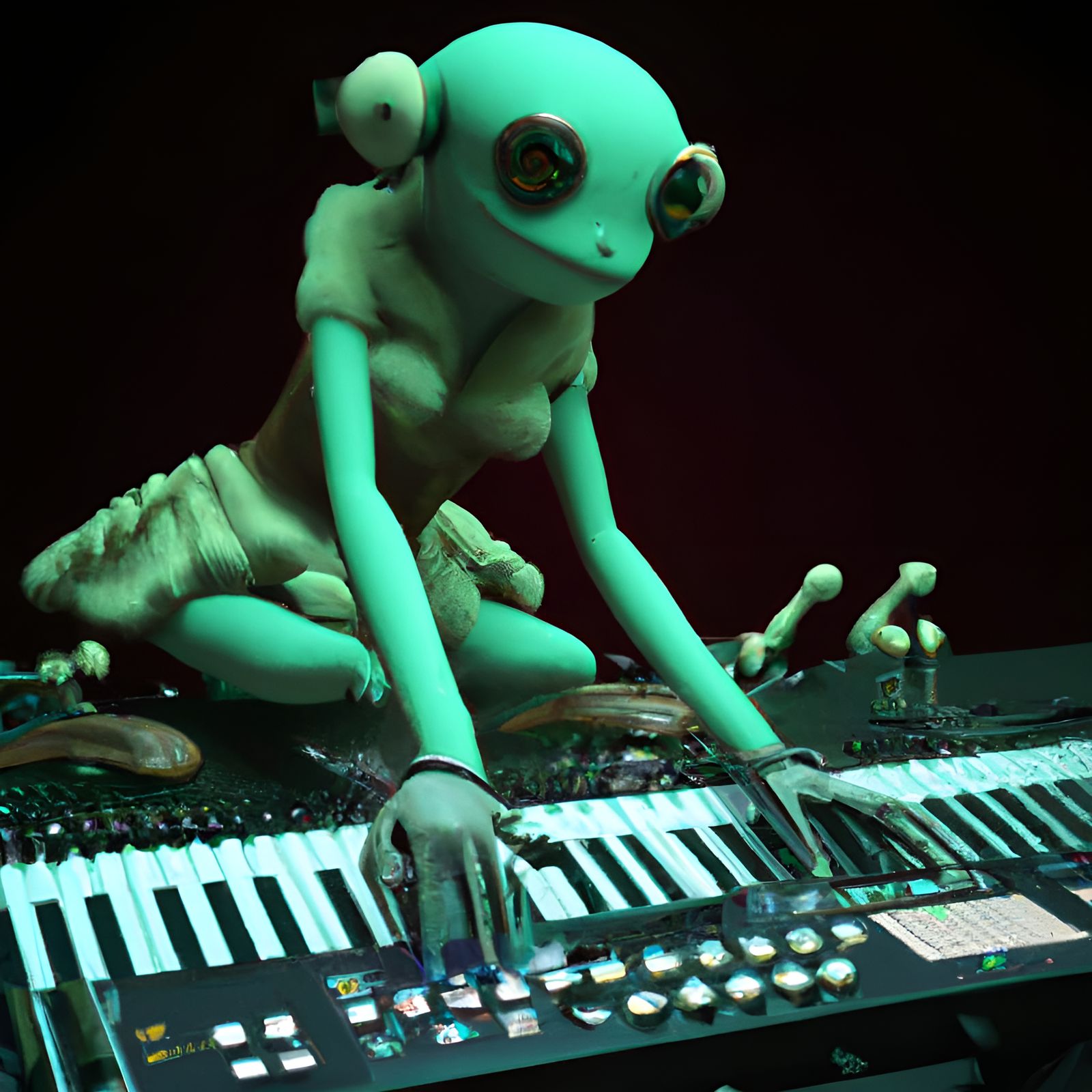 Frog Girl Composing Music on MiniMoog Synthesizer