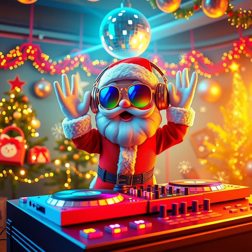Baby Santa Claus DJ in Disco, 3D Cartoon Style