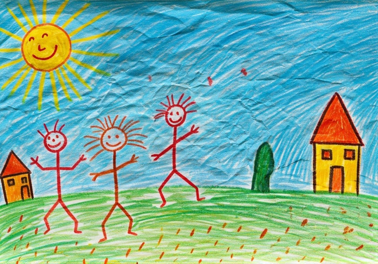 Child's Crayon Drawing: Joyful Stick Figures