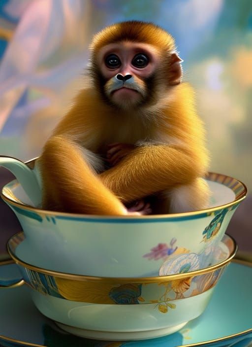 Capuchin Monkey in Teacup: Hyperrealistic Concept Art