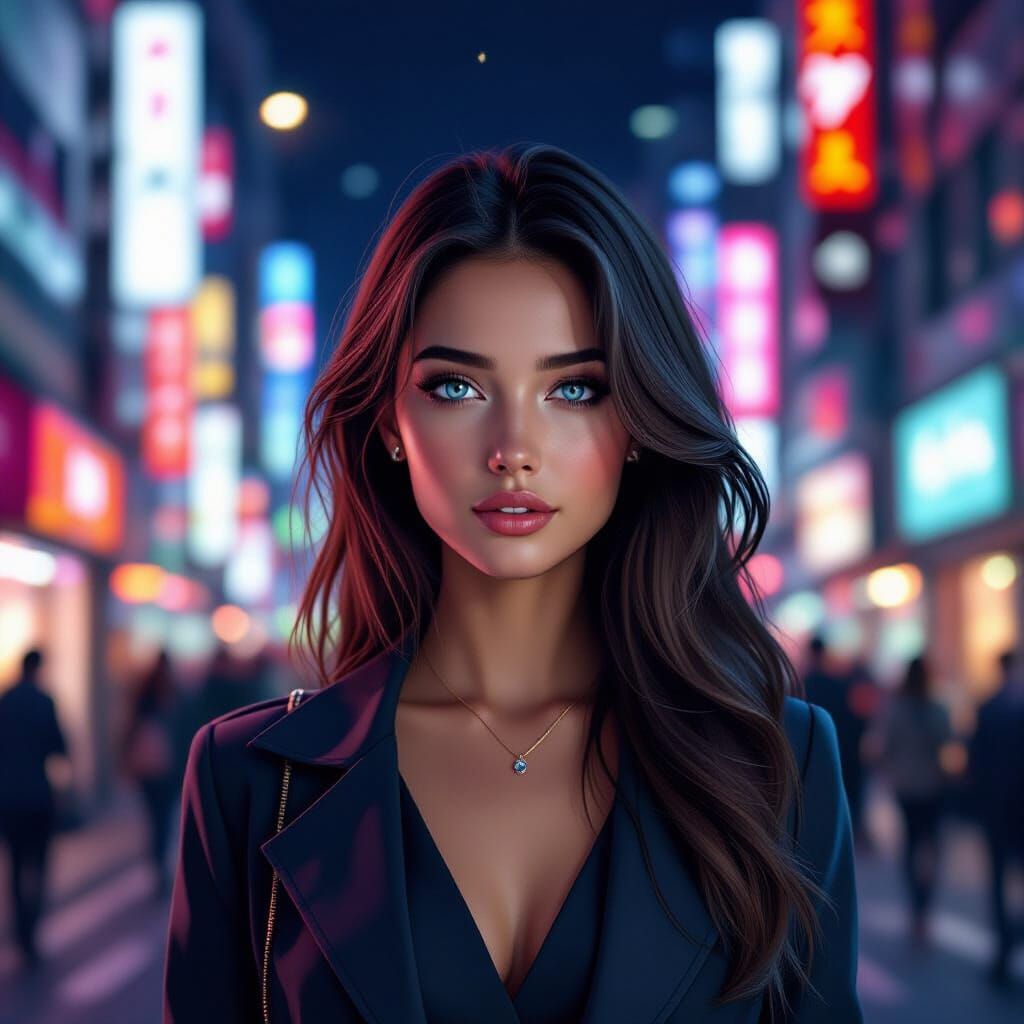 Beautiful Woman with Blue Eyes in Tokyo Street, 4K
