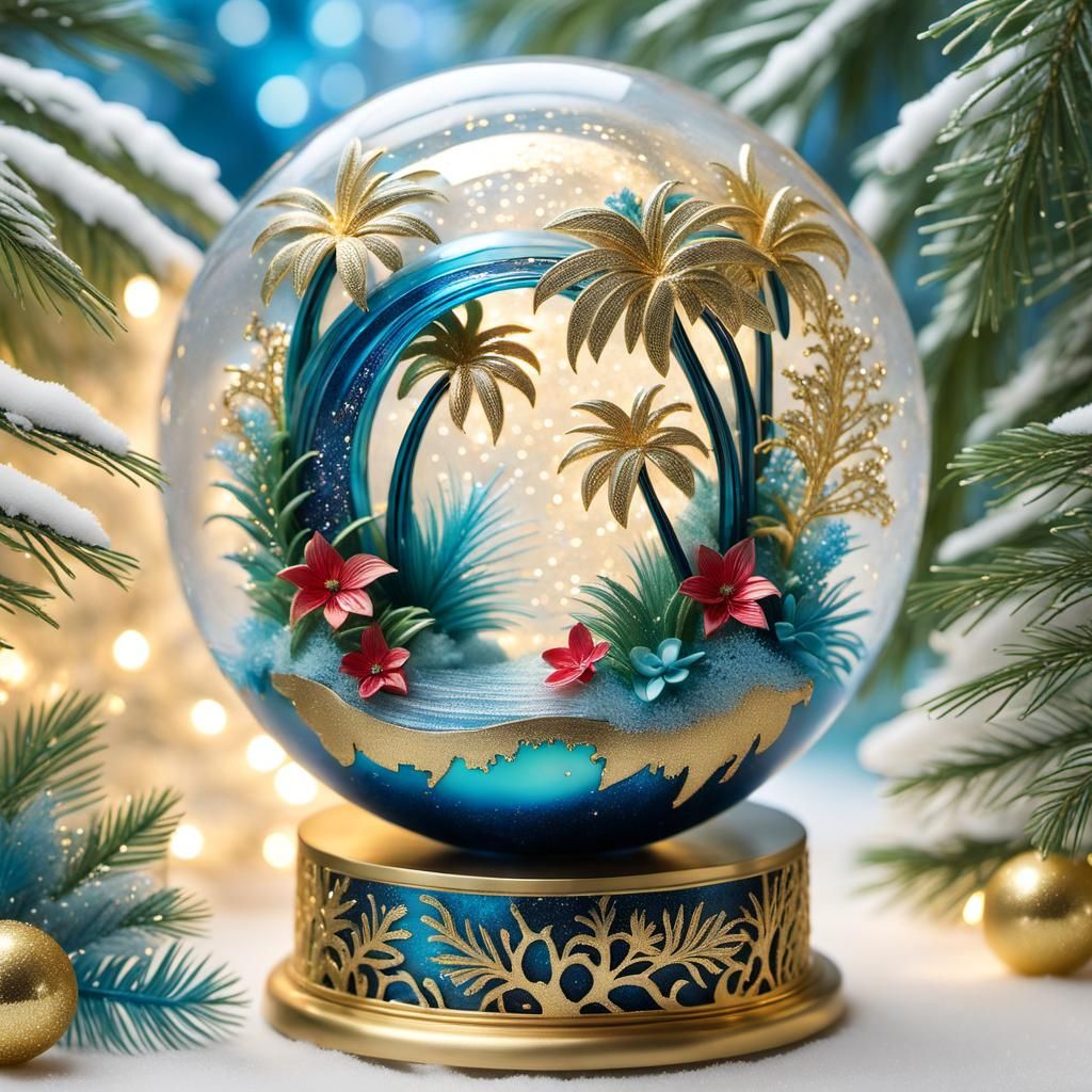 Tropical River Scene Inside Glass Globe, Alcohol Ink