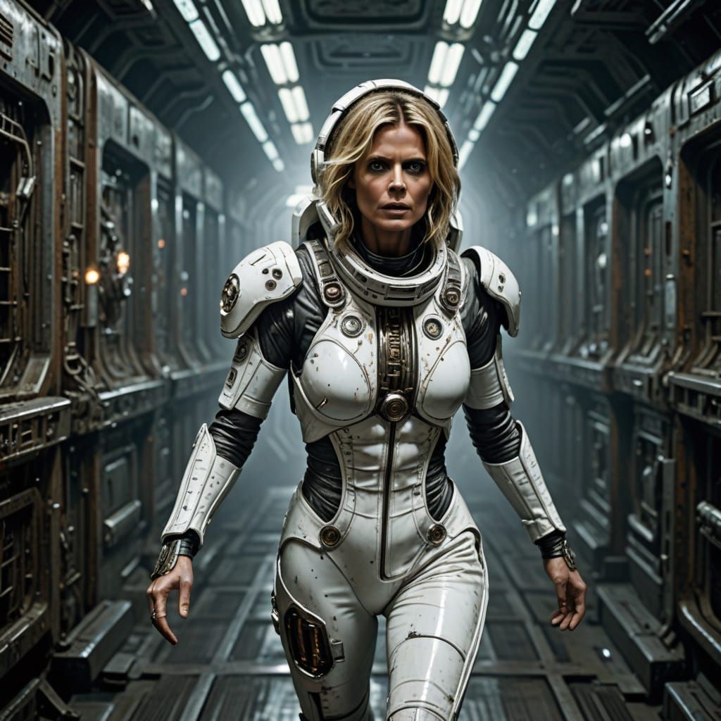 Frightened Woman Runs Through Spaceship Corridor