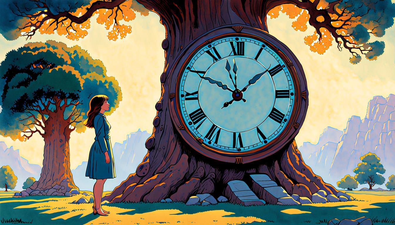 Woman and Clock in Gouache Watercolor Style