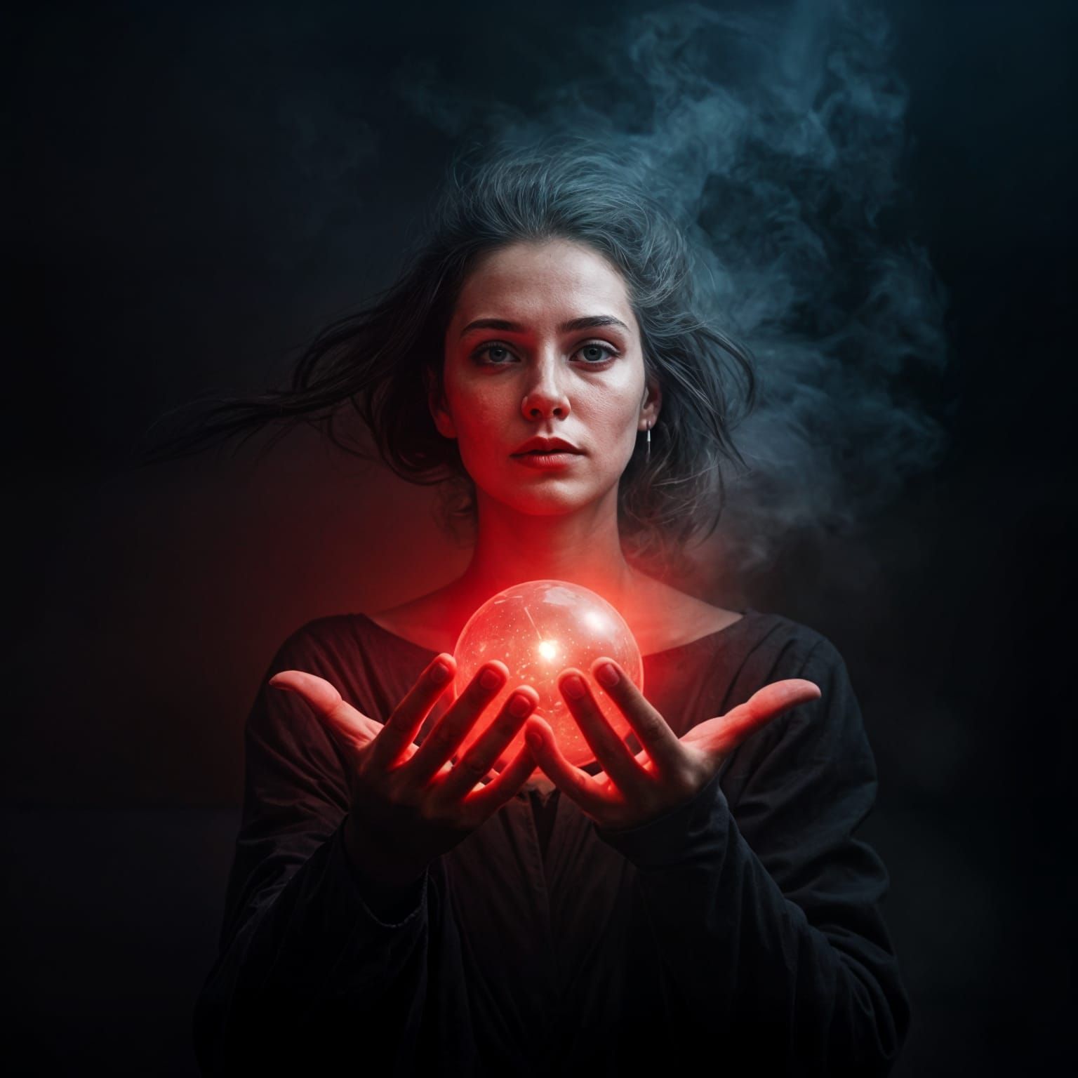 Sorceress Conjuring a Sphere of Red Light