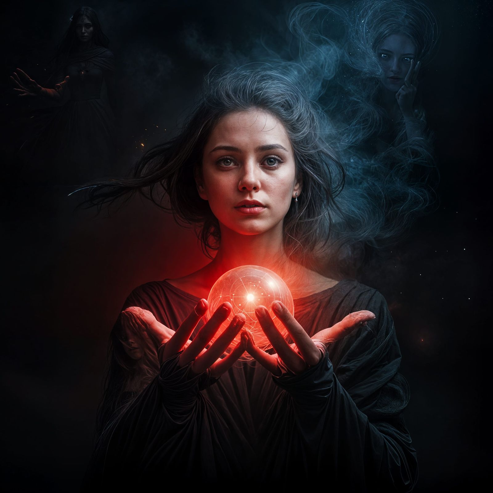 Sorceress with Glowing Sphere in Red Light