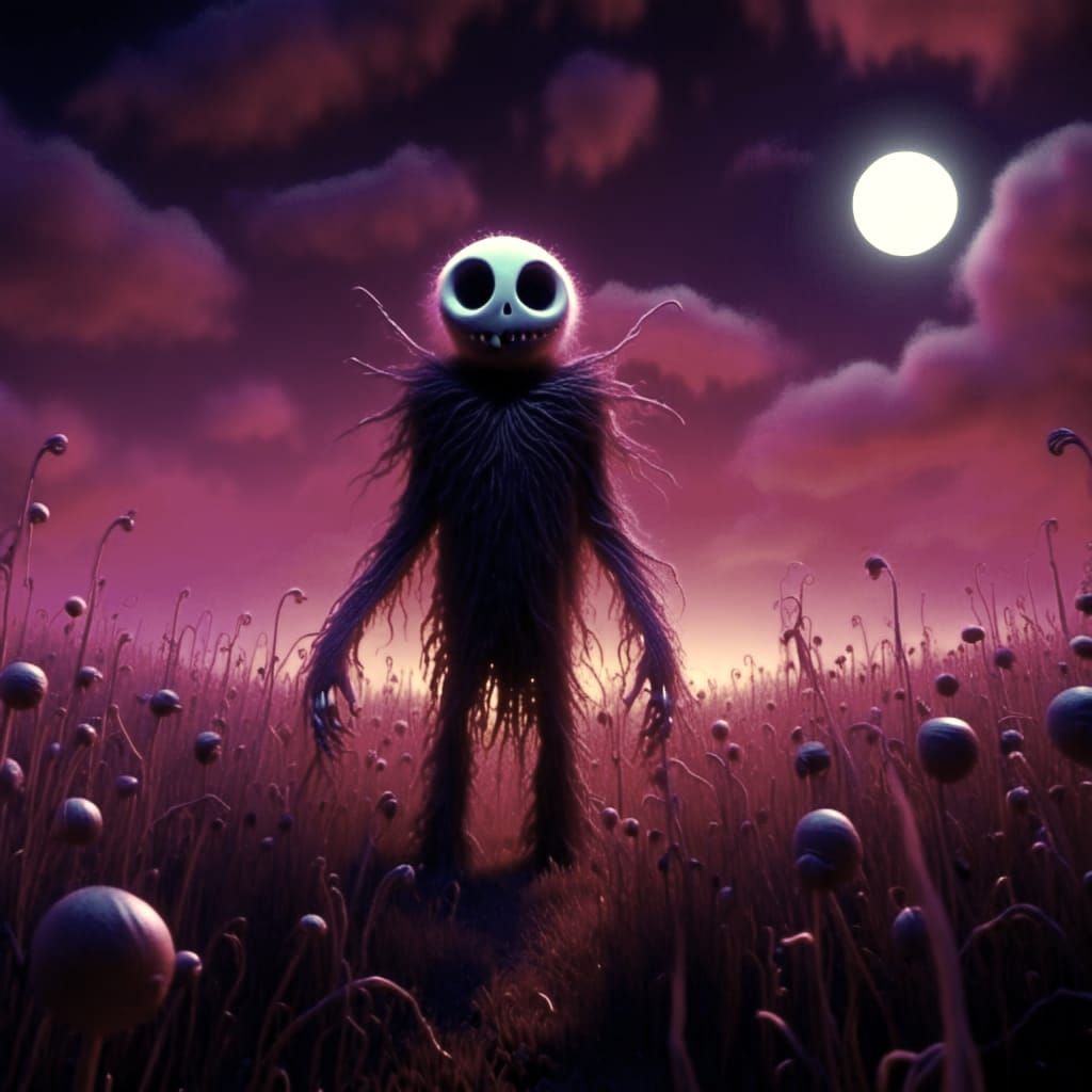 Jack Skellington in Moonlit Field with Bats