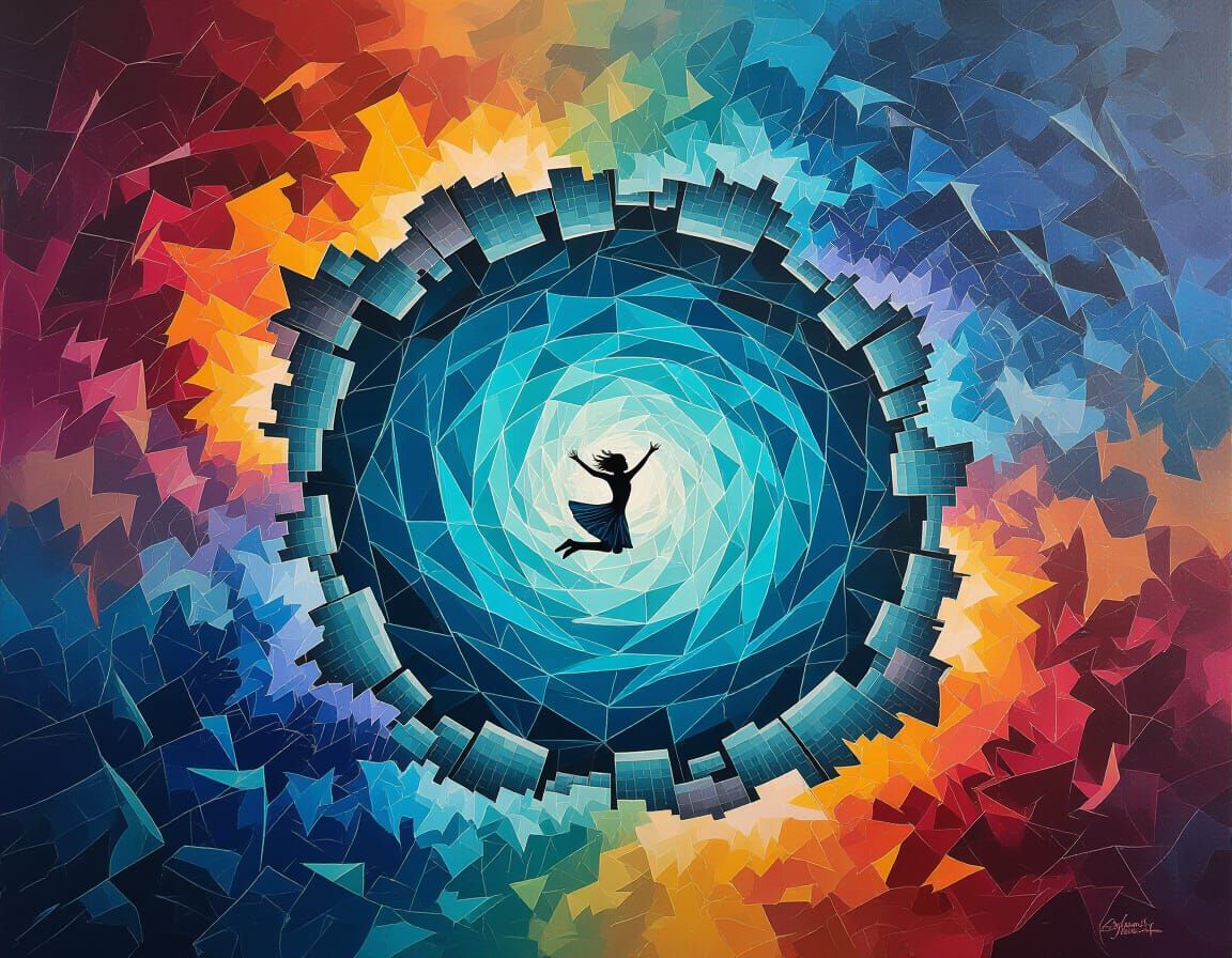 Woman Jumps into Vibrant Surreal Abyss