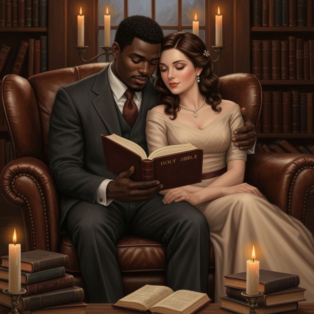 Couple Reading Bible in Cozy Candlelit Book Nook
