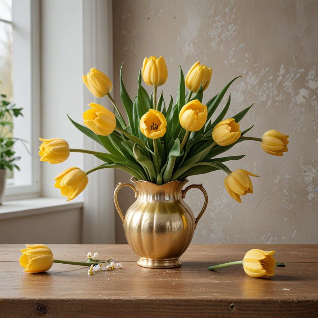 Six Yellow Tulips in Porcelain Vase as Airbrush Art
