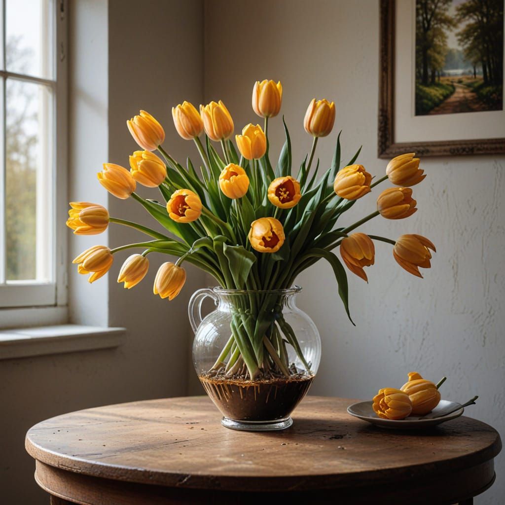 Six Yellow Tulips in Porcelain Vase, Hyperrealistic Airbrush...