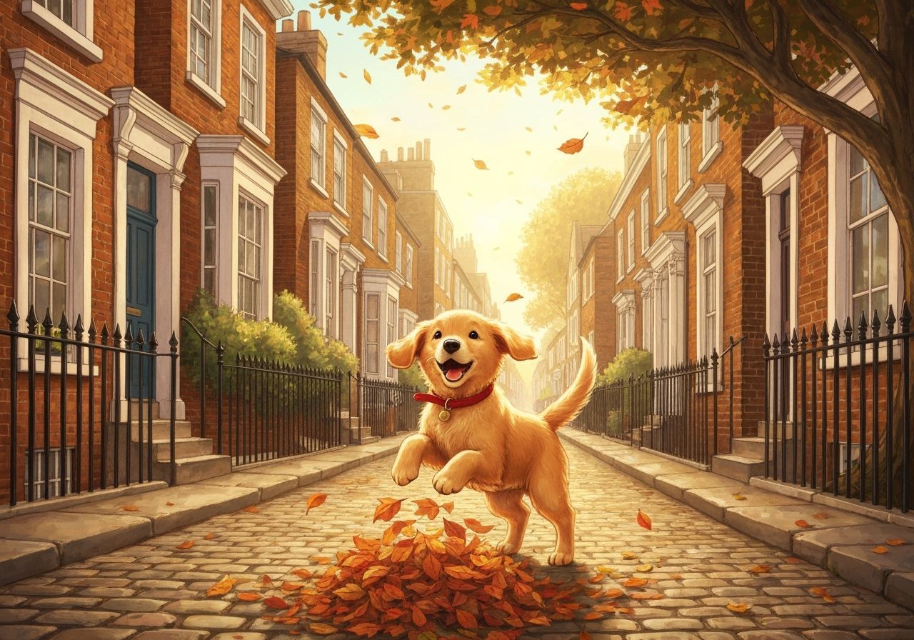 Golden Retriever Puppy Joyfully Plays in Autumn Leaves