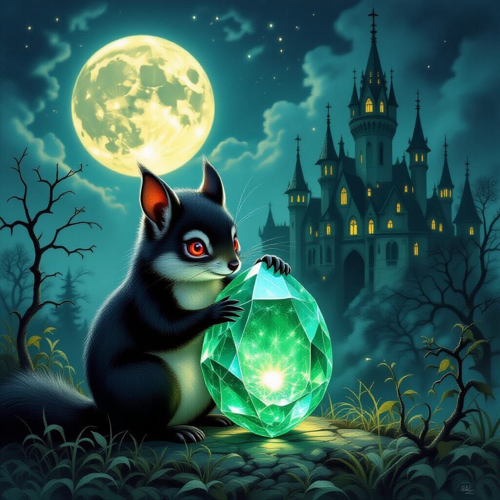 Vampire Squirrel Embraces Emerald Under Full Moon