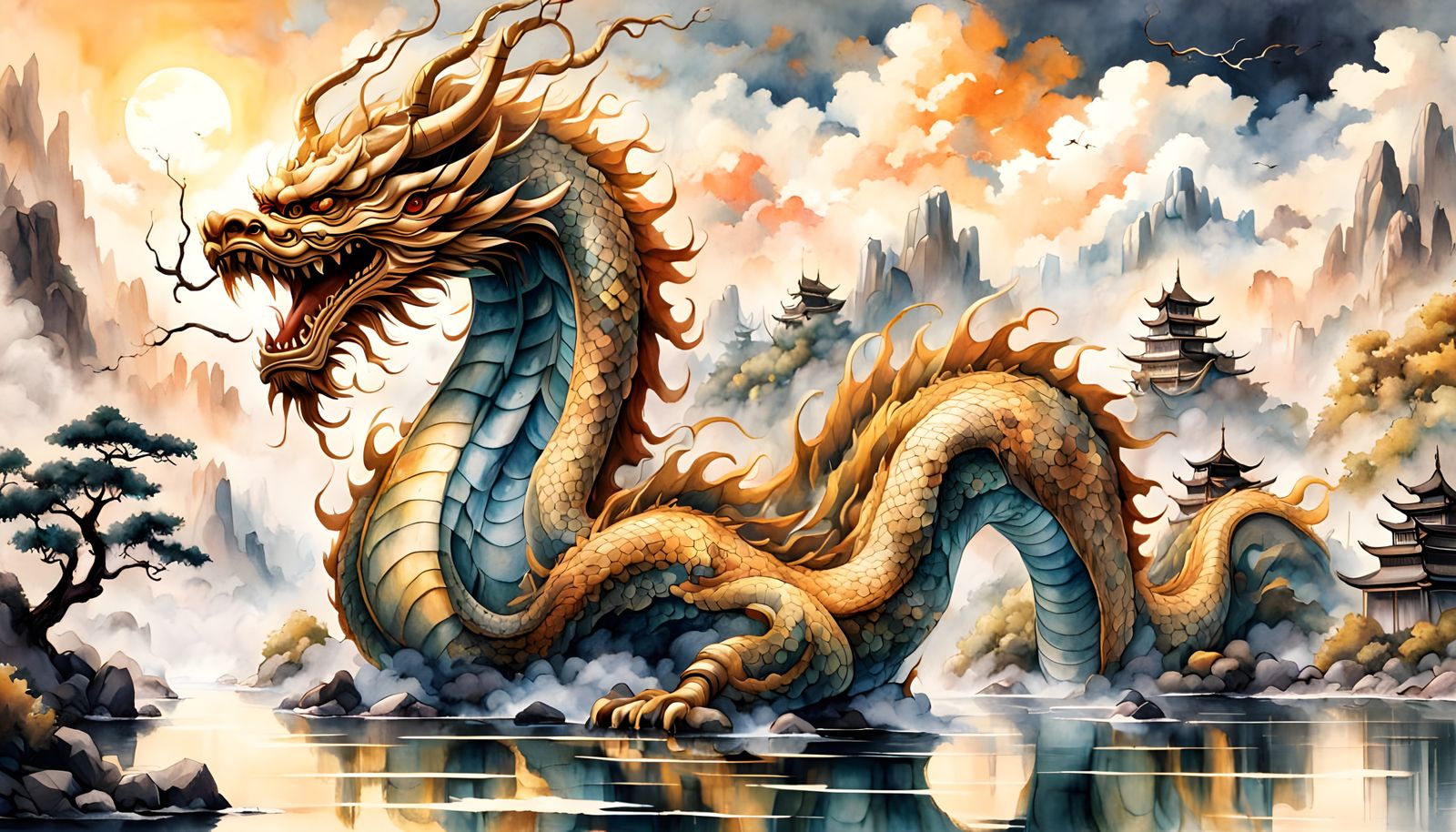 Majestic Chinese Dragon Soars Through Misty Clouds