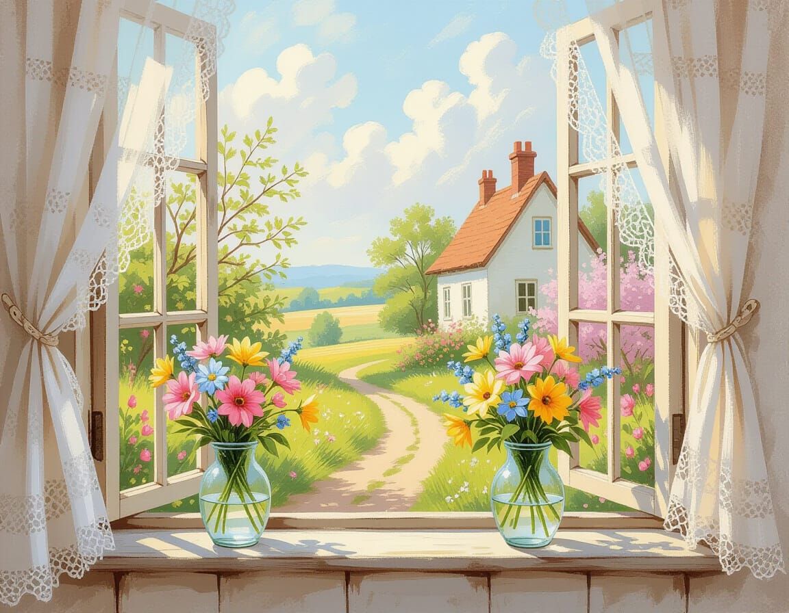 Shabby Chic Window Overlooking a Cottage Garden