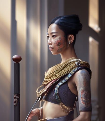 Tattooed Woman with Rifle: Matte Painting Style