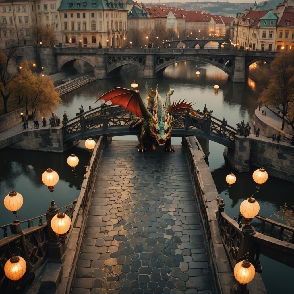 Dragon on Korean Bridge in Prague with Lanterns
