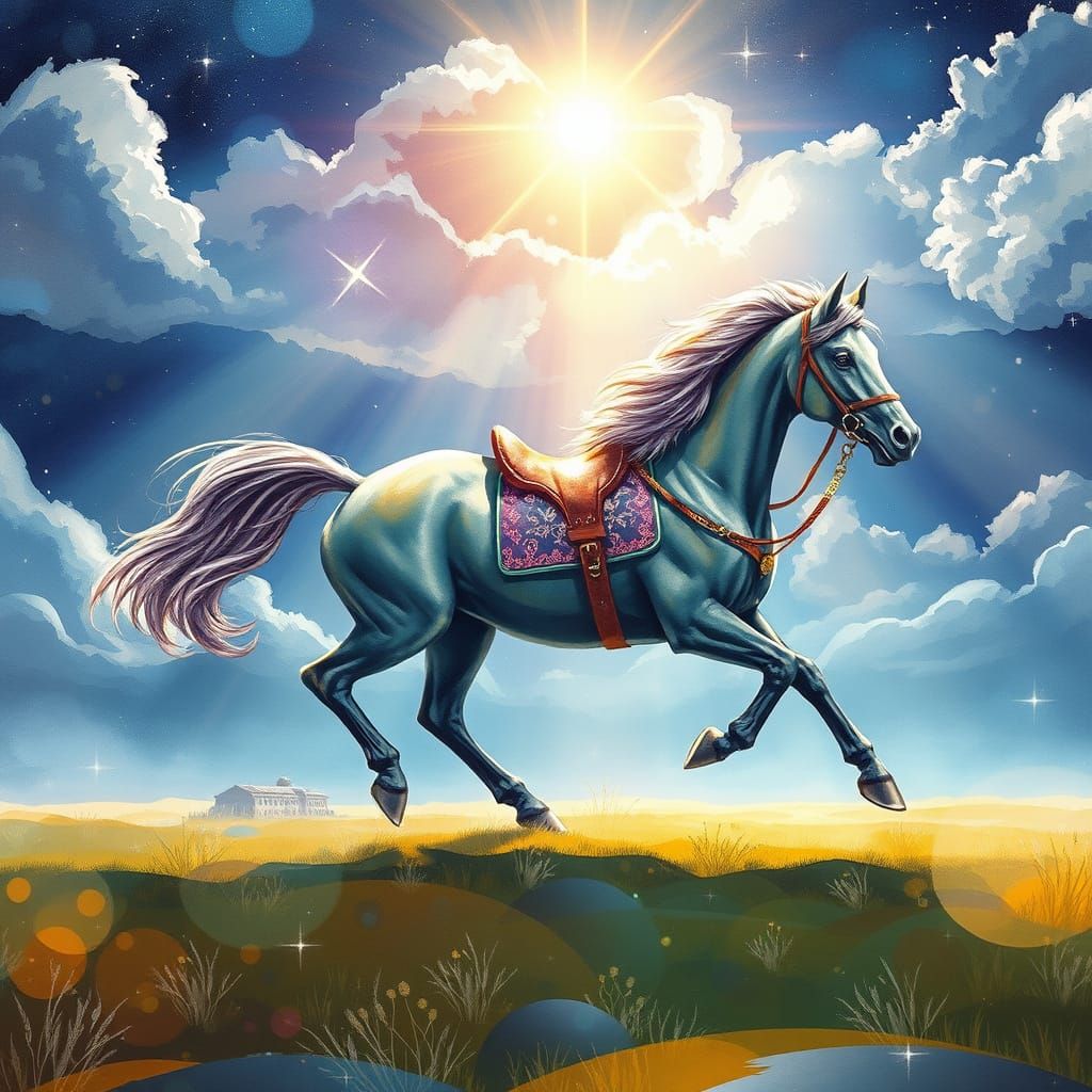 Stallion Runs Across Starlit Plain in Watercolor Style