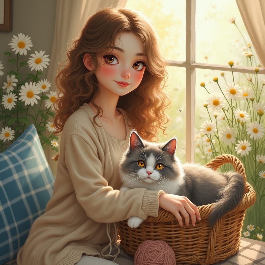 Cozy Garden Scene with Woman and Cat in Whimsical Rustic Sty...