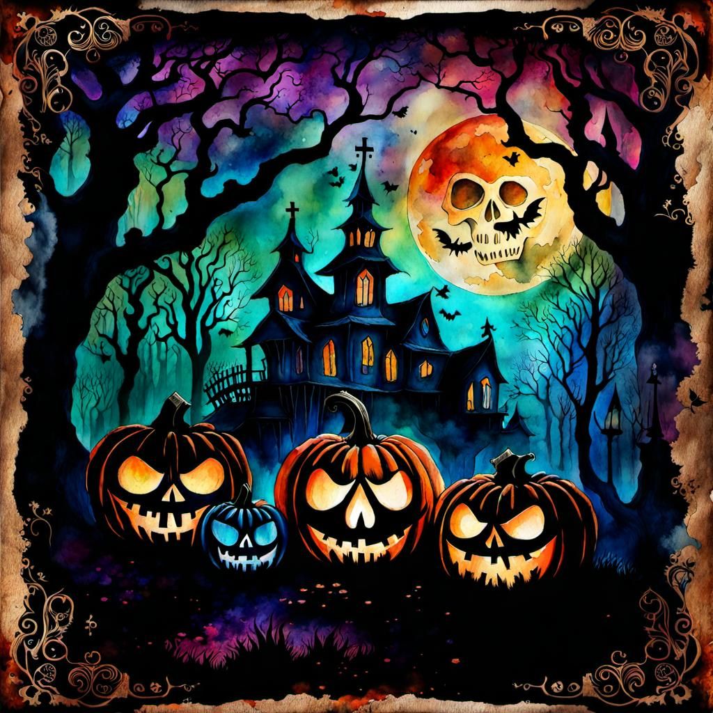 Sinister Skull Jack O'Lanterns in Watercolor