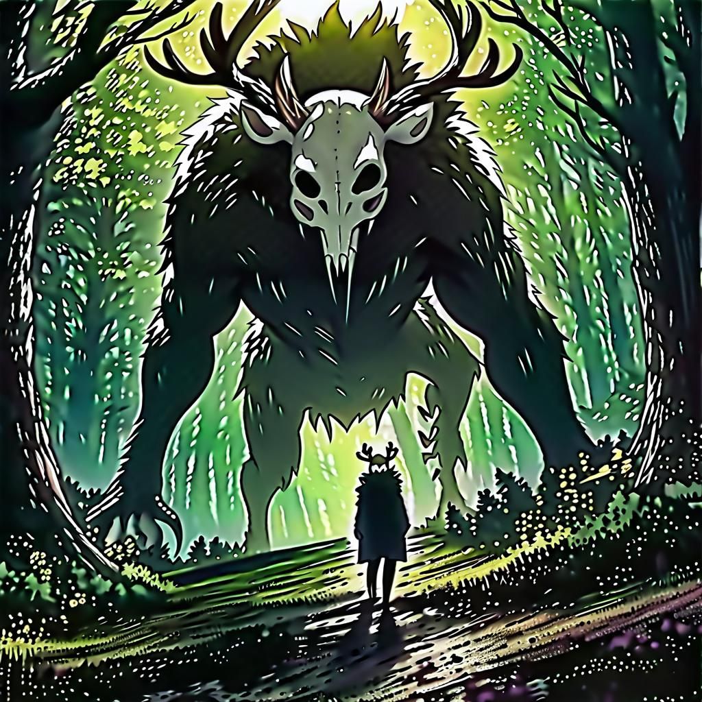 Deer Skull Monster in Forest, Anime Style