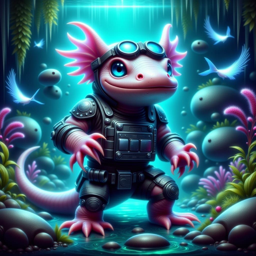 Cyber Axolotl Warrior in Glowing Aquarium