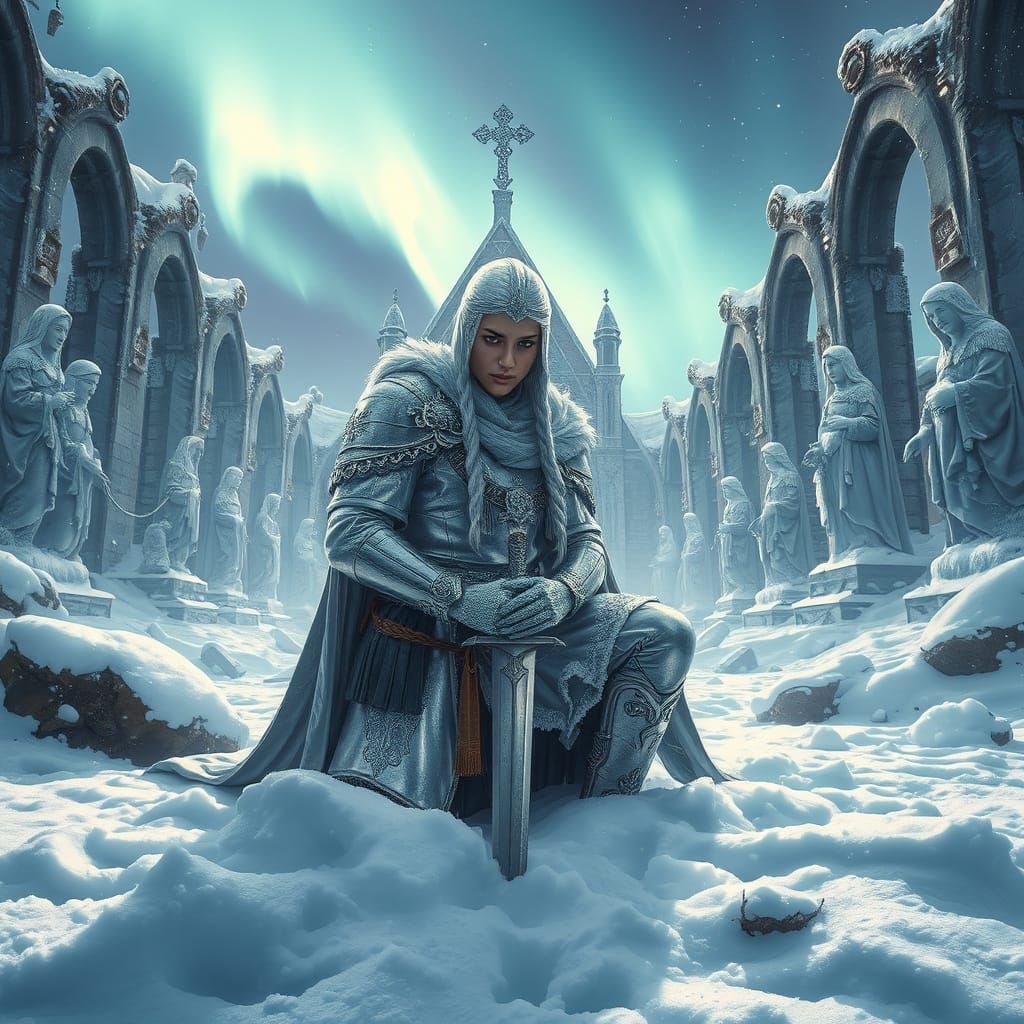 Silver Paladin in Frozen Basilica, Fantasy Art