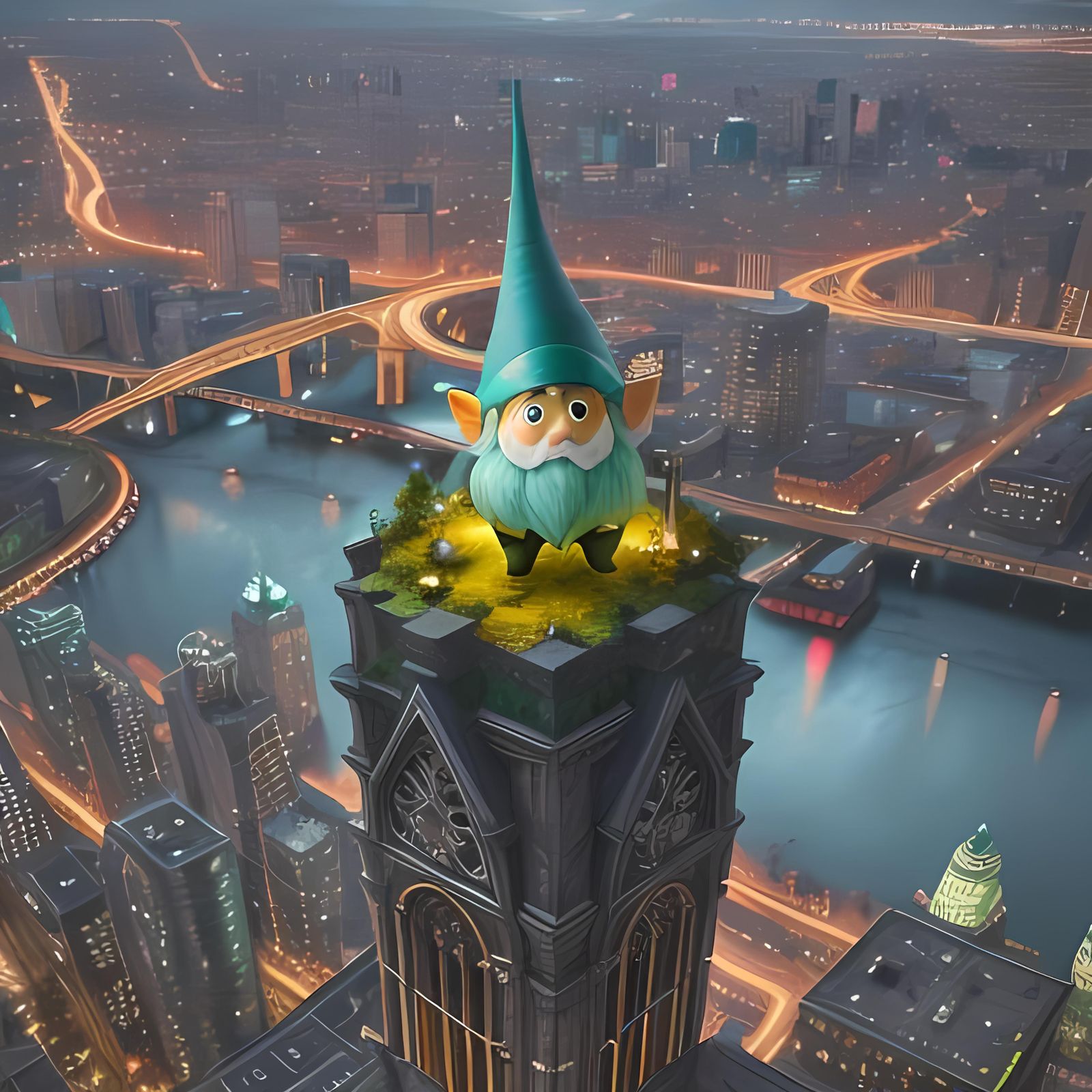 Gnome Flies Over Fluorescent Cityscape