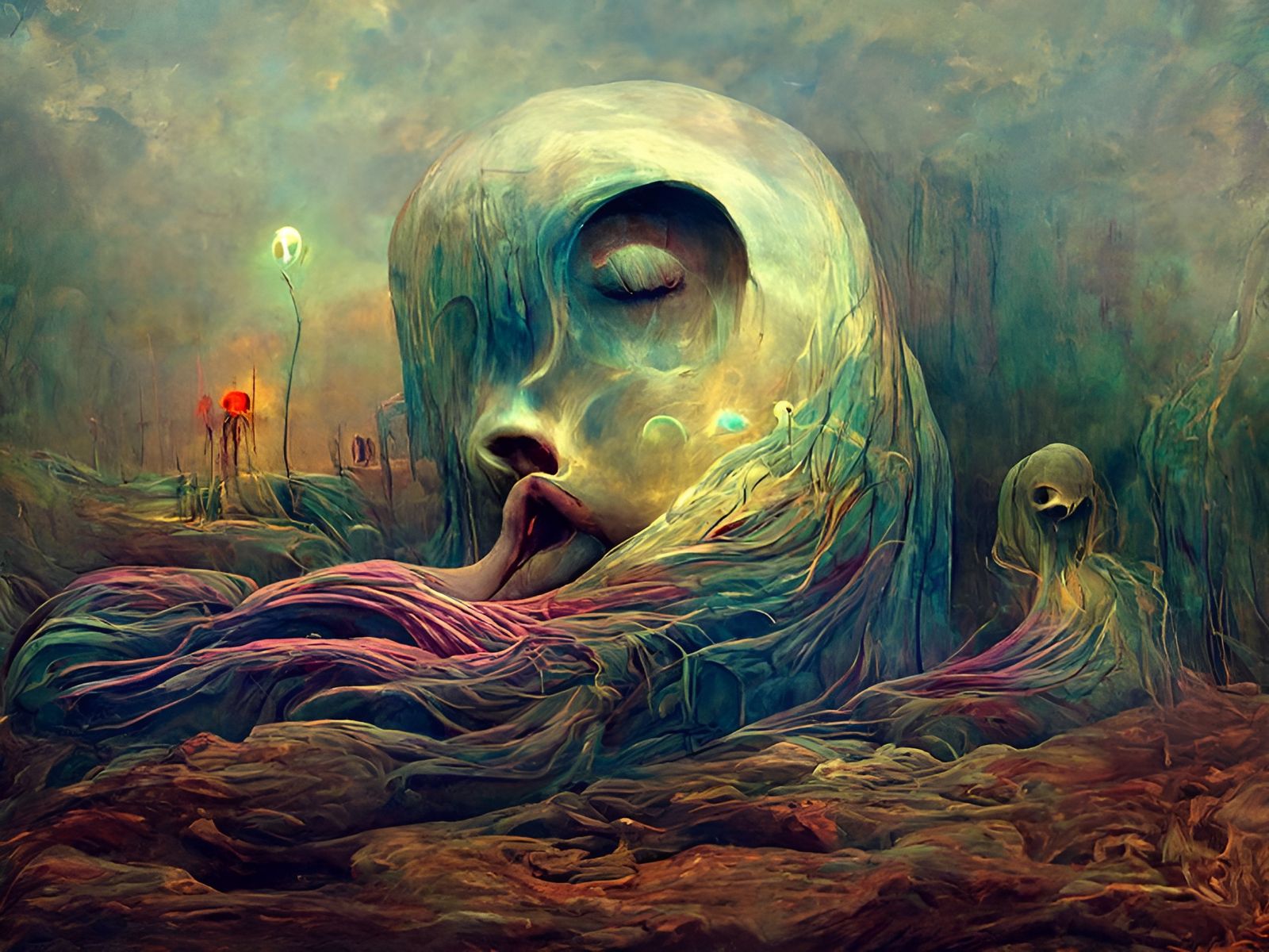 Surreal Painting of Whispering Figure in Psychedelic Style