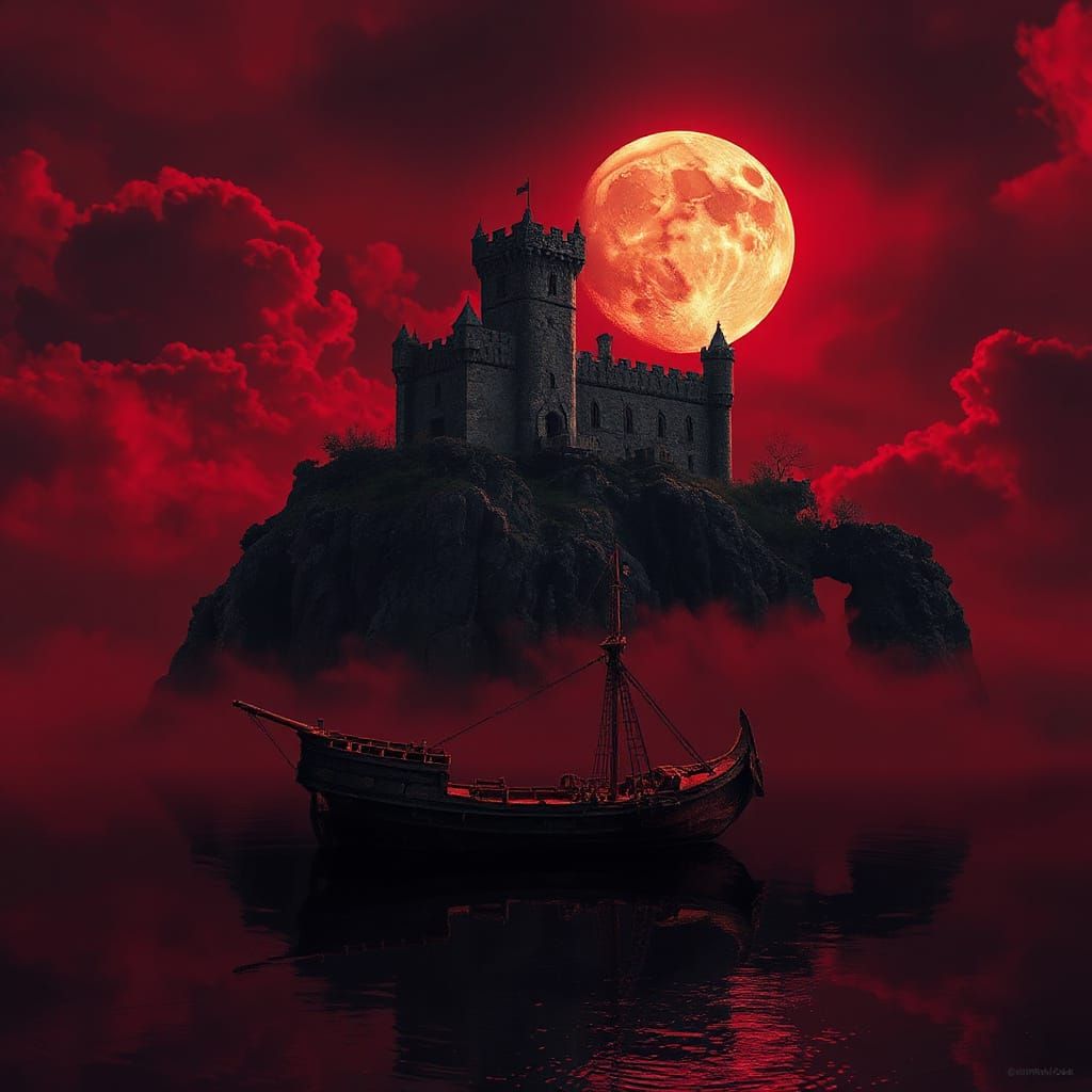 Bloodmoon Castle and Pirate Ship in Gothic Landscape