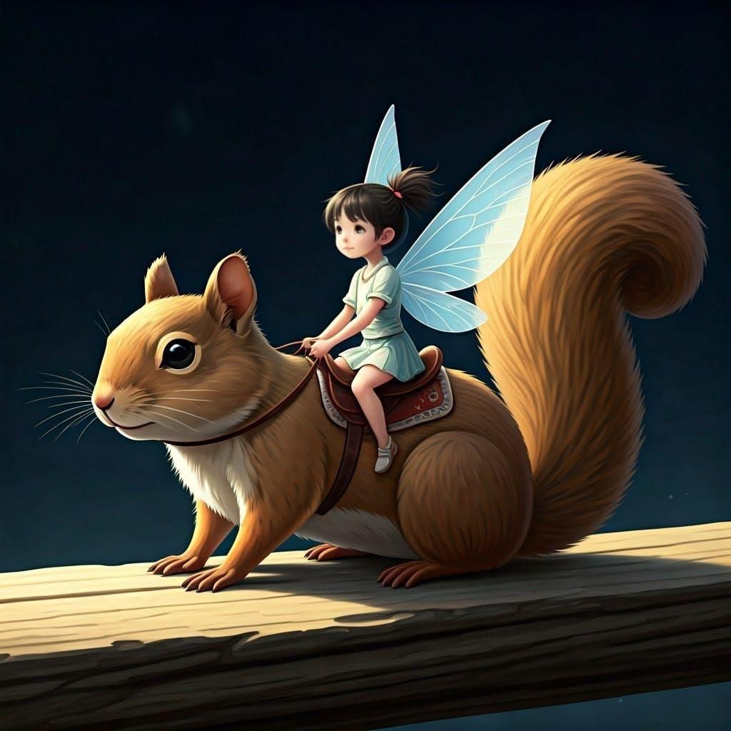 Cute Fairy Rides a Squirrel: Anime Cel-Shaded Art