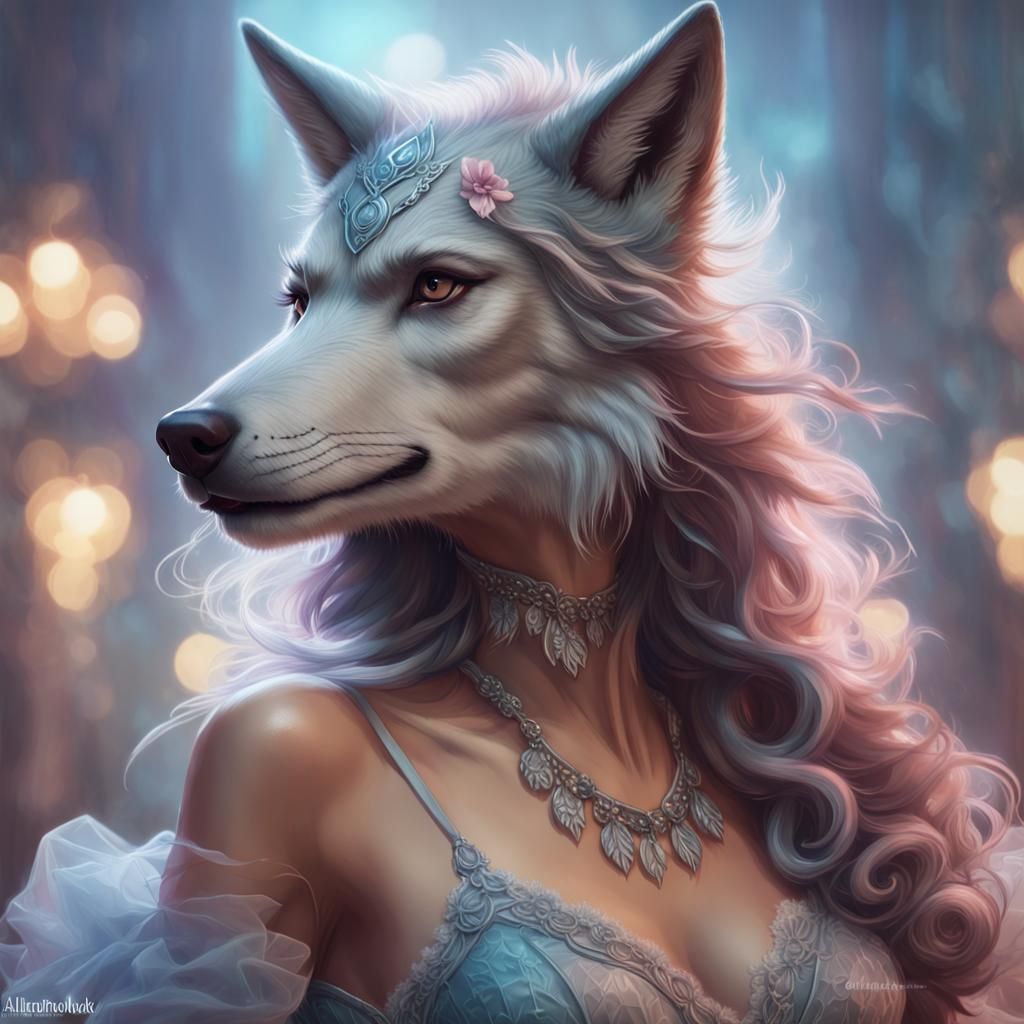Menacing Anthro Wolf in Tulle Dress, Detailed Portrait