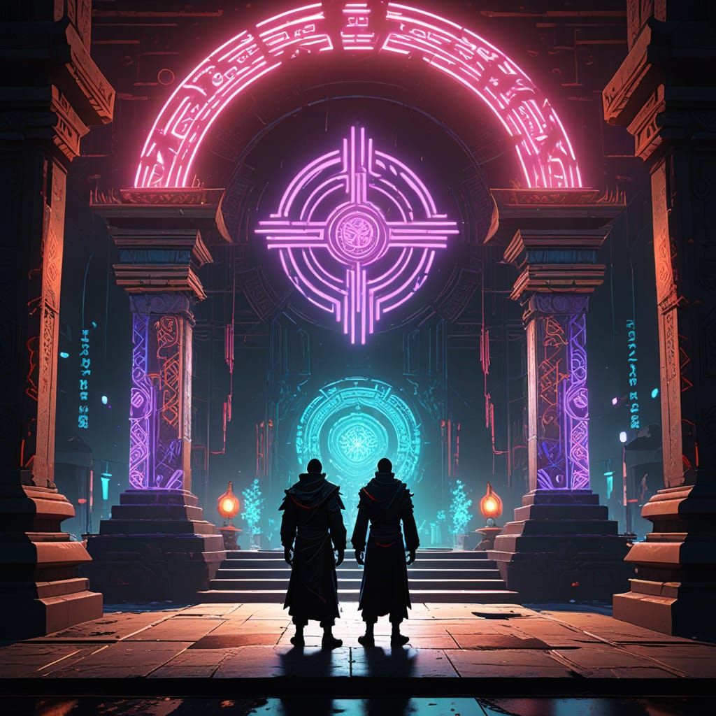 Cyberpunk Monk in Ancient Celtic Temple with Vibrant Portal